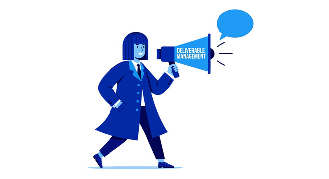 Woman in blue suit holding megaphone with speech bubble.