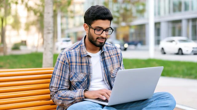 Indian man working on laptop outdoors, Ideal for concepts related to remote work, online learning