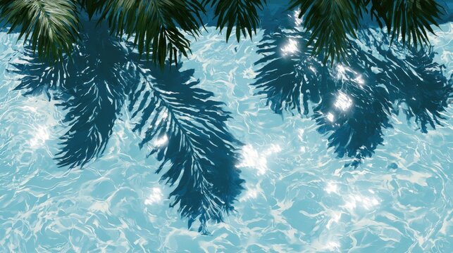 Palm frond shadows dance on sparkling, clear blue pool water
