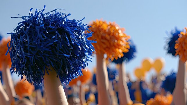 Blue and orange pom-poms wave in the bright sun, a vibrant display of team spirit