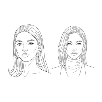 Line art illustrations of two women's faces with different hairstyles and fashion styles, showcasing beauty and elegance in a minimalist design.
