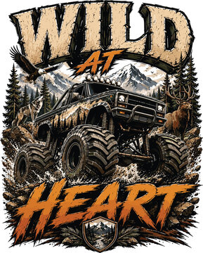 Wild At Heart Monster Truck Wilderness Adventure Vintage Off-Road Design