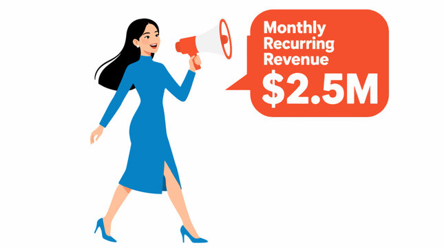Businesswoman announcing monthly recurring revenue success.