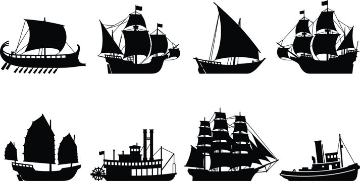 Set of historical and vintage sailing ship silhouettes isolated on white background vector collection.