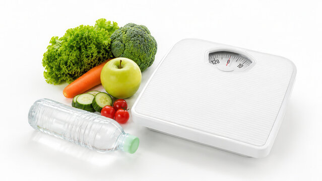 Bilancia pesapersone con mela verdure e bottiglia d&rsquo;acqua per dieta sana. Generative AI 