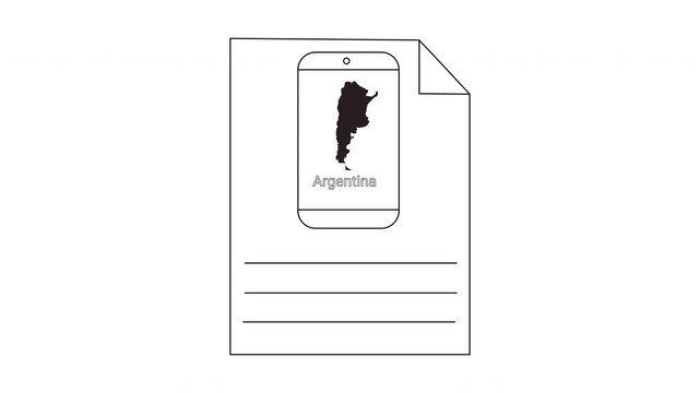Argentina Map Silhouette on Paper Document with Lines.