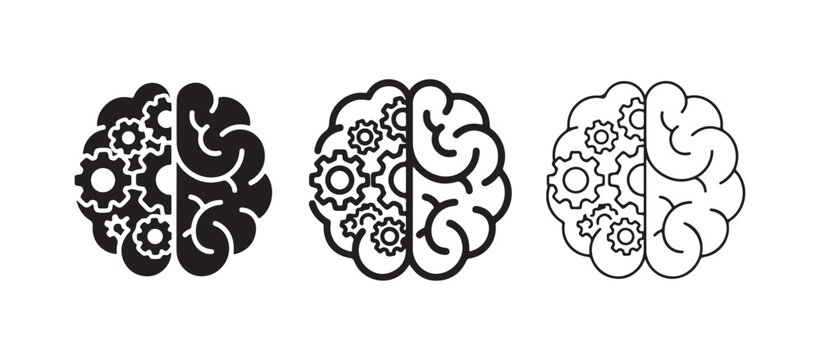gears inside icons  gear brain symbols  thinking concept  mind with mechanical elements  intelligence and technology