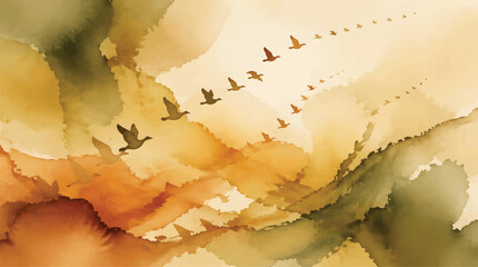 Flock of Geese Flying in V Formation Across Abstract Watercolor Sky with Earthy Tones, symbolizing migration and freedom. © Ilmi