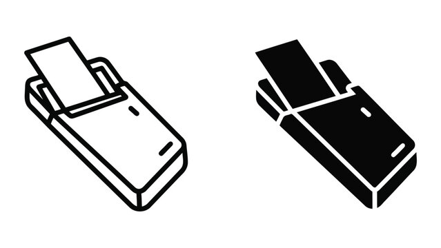 Professional document scanner and digital document processing icon set featuring paper feed into scanner device in both outline and solid black vector graphic styles for business and office software
