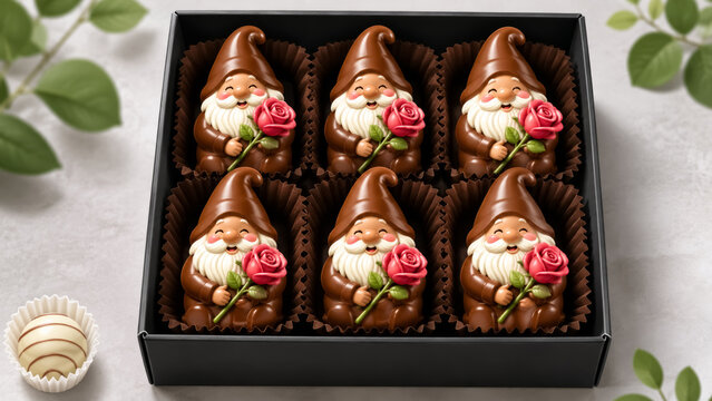 A Gift Box of Cute Chocolate Gnome Figures Holding Pink Roses