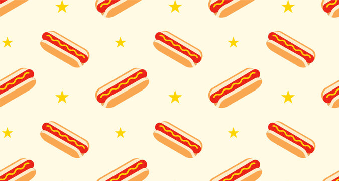 Seamless Hot Dog Pattern for Food and Snack Design.