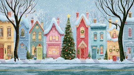 Fototapeta premium Charming row of colorful houses decorated for Christmas in a snowy town