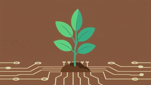 Digital sprout emerges from circuit board symbolizing technology and growth