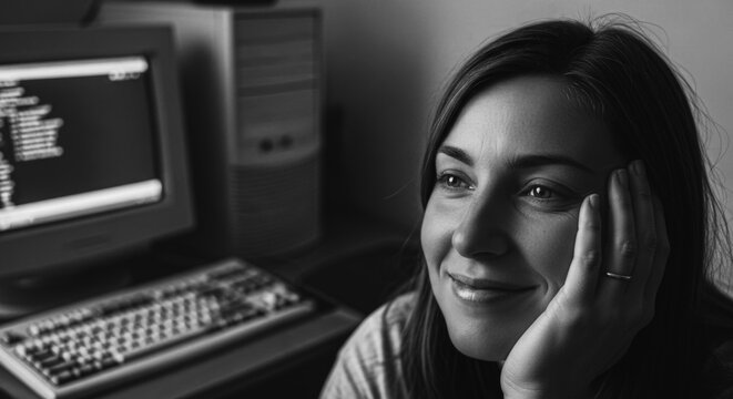 Smiling Young Woman in a Retro Office Setting representing Nostalgia for Vintage Computing and Digital Technology