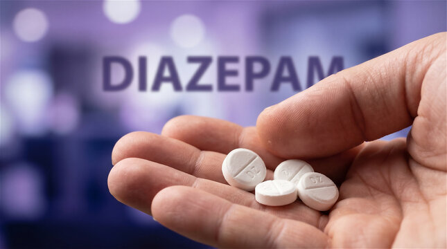 Diazepam Anxiety Tablets in Hand with Purple Medical Background