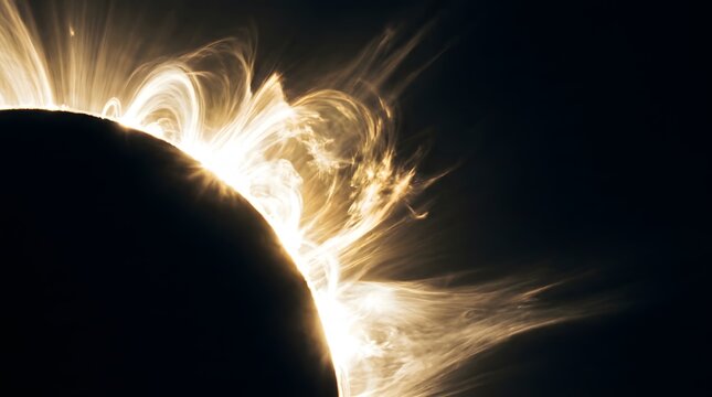 Massive glowing solar flares erupting from the sun surface against a black background illustrating intense cosmic energy and astrophysics science