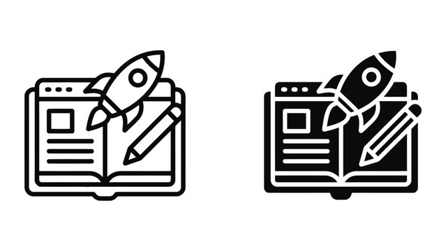 Website browser window featuring a rocket launching from an open book for startup growth and educational innovation concept in clean black and white vector illustration for business websites