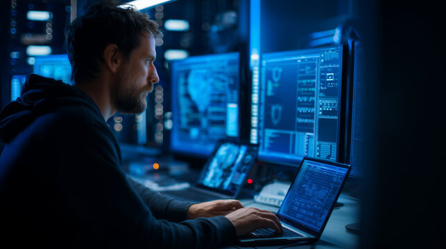 Man working on computer with multiple screens in dark room with blue lighting