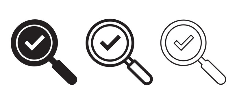 Magnifying glasses with checkmarks inside lenses for search and verification  isolated on white background