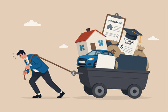 Debt, cost of living or expense to pay for, financial obligation for lifestyle concept, exhausted businessman pull burden cart with house mortgage, car payment, education loan and credit card debt