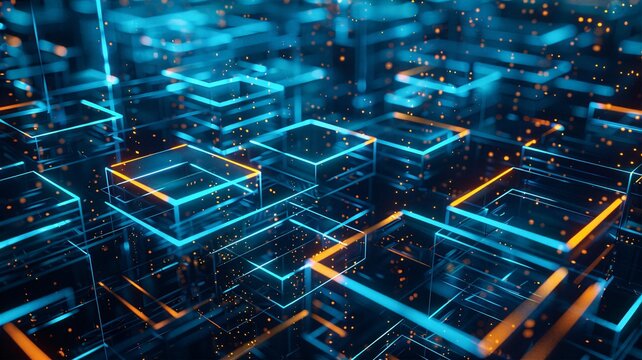 Floating translucent tech cubes emitting blue light and orange sparks for quantum computing concepts