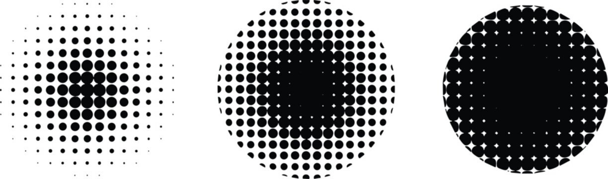 Three circular halftone pattern circles displaying a high contrast black and white gradient for a modern retro design.