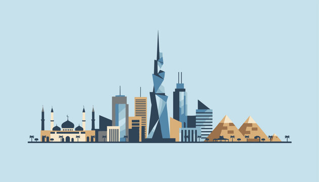 Beautiful Cairo skyline silhouette featuring the ancient Pyramids of Giza, a grand mosque, and modern architectural skyscrapers.