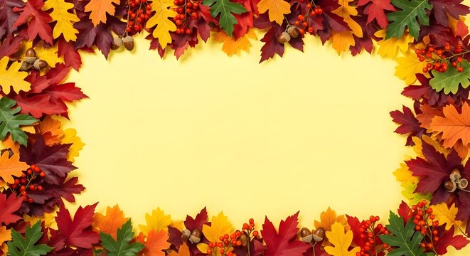 Colorful Autumn Leaves Frame Border in Warm Natural Light Background