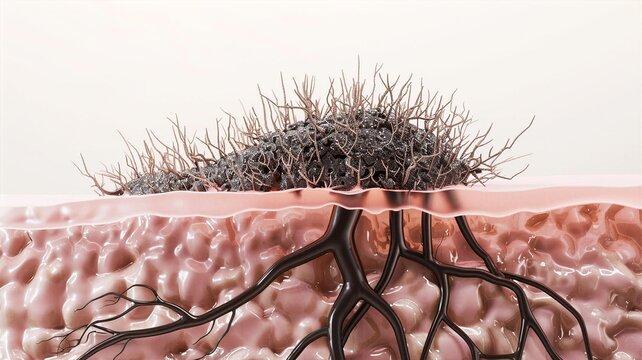 Deep tissue invasion by black malignant cancer cell in anatomical skin cross section rendering