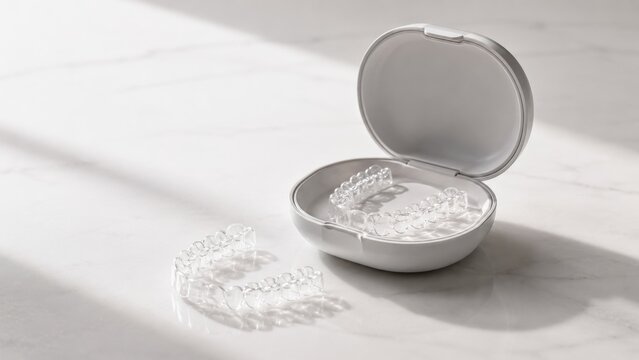 Clear transparent invisible dental aligner teeth tray in open plastic box on marble surface with shadow