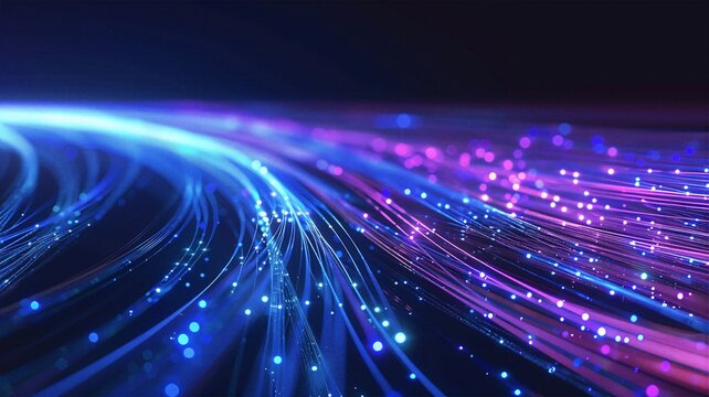 High speed digital data streams visualized as glowing blue and purple fiber optic threads