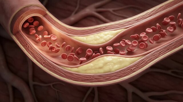 Artery blood vessel cholesterol plaque red blood cell cardiovascular health anatomy medical biology blockage circulation vascular disease atherosclerosis heart blood flow human body vein cross