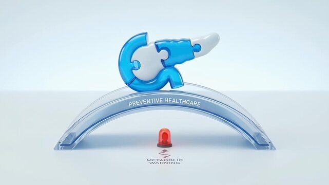 Preventive healthcare concept featuring blue and white puzzle pieces shaped like pancreas and liver transparent stands with glowing red metabolic warning lights indicating health risk and medical