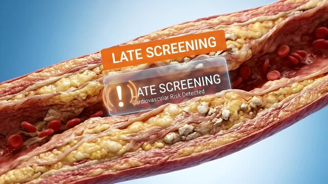 Late screening warning cardiovascular risk detected clogged artery plaque buildup red blood cells narrowed blood vessel cholesterol artery blockage heart disease vascular disease health concern