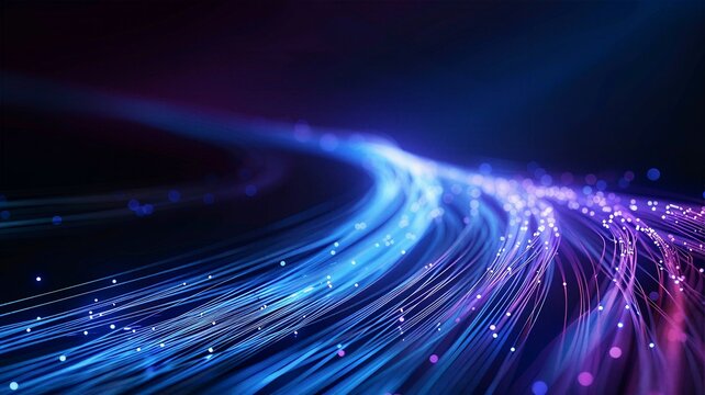 Sweeping curves of blue fiber optic cables with luminous purple tips and bokeh effect