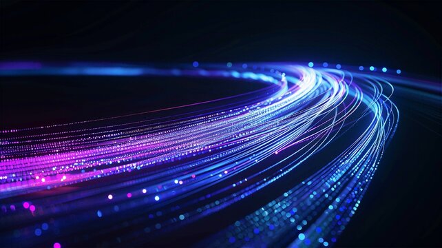 Fast moving tight bundle of digital light threads with bright neon blue and magenta colors