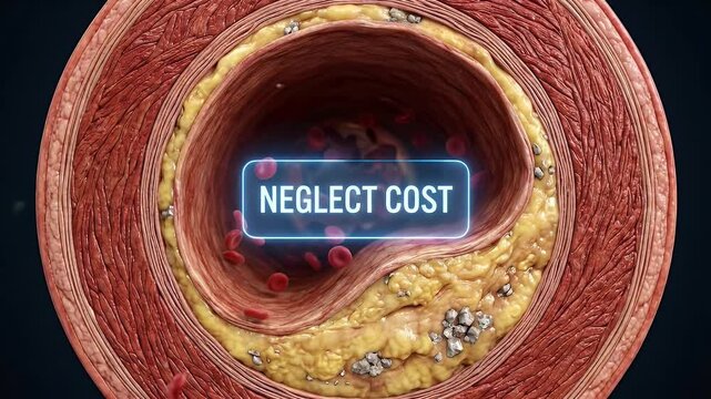 Neglect cost concept shown inside clogged artery with plaque buildup and red blood cells illustrating cardiovascular health risk and disease caused by cholesterol narrowing blood flow obstruction