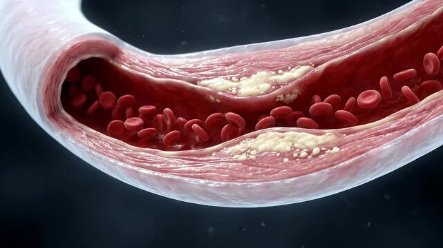 Close up 3D illustration artery blood vessel red blood cell plaque buildup cholesterol atherosclerosis cardiovascular medical anatomy biology circulation heart disease blockage vascular wall blood