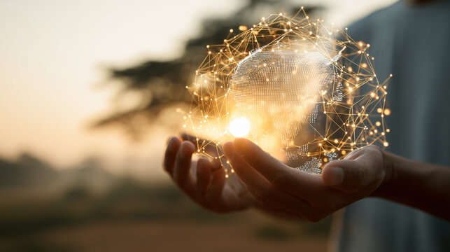 Person holding glowing networked human head in their hands outdoors at sunset
