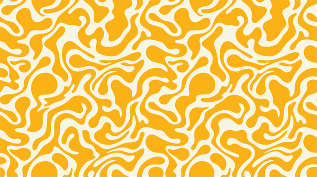 Seamless pattern with yellow liquid organic blobs and wavy shapes on a cream background, for surface