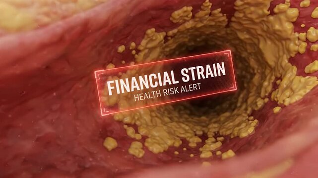 Financial strain health risk alert concept with artery clogged by cholesterol plaque showing cardiovascular disease danger and medical warning for heart health and plaque buildup blockage indicating