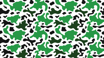Spotted camouflage pattern with green and black organic blobs on a white background, for surface © Md