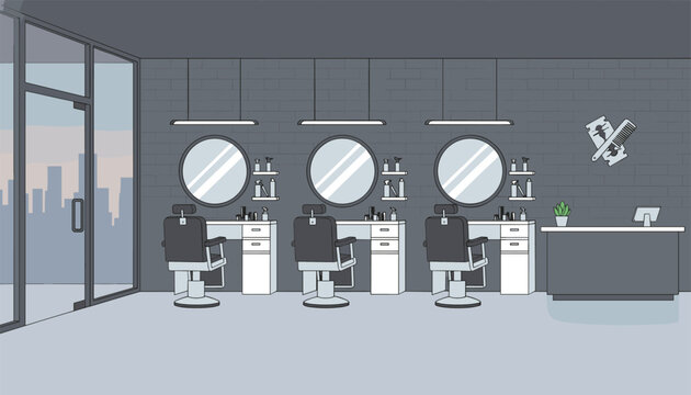 Modern minimal barbershop interior with three grooming chairs, circular mirrors and sleek gray design elements.