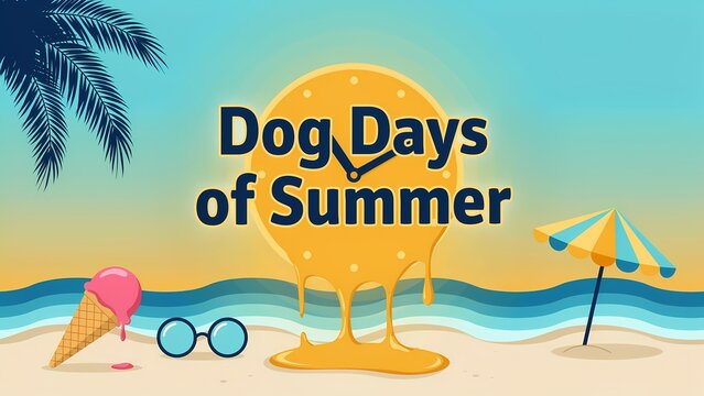 Dog days of summer concept with a melting sun clock on a beach