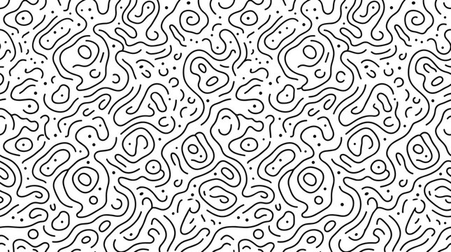 Seamless pattern featuring hand drawn black scribble lines and dots on a white background, for textile prints