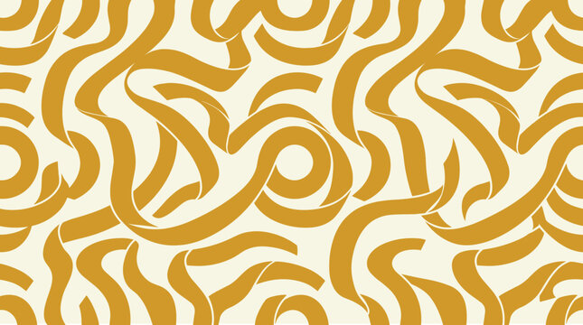 Seamless pattern with golden ribbon like wavy lines and loops on a cream background, for decor