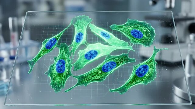 Microscopic view of green cells with blue nucleus displayed on transparent digital screen in laboratory environment showing detailed cellular structure and scientific analysis of cell biology