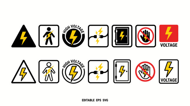 Electrical High Voltage Danger Icon Set Flat Vector Shock Hazard Warning Symbol Badge Industrial App UI Website EPS SVG