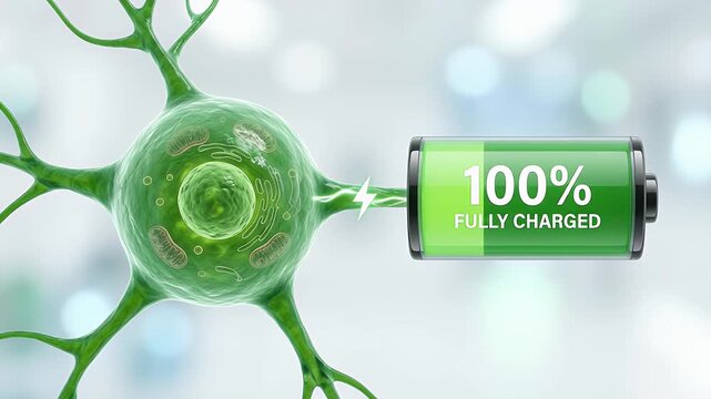 Green neuron cell battery icon full charge energy concept electric connection science illustration biology technology power digital art medical graphic microscopic view nerve mitochondria structure