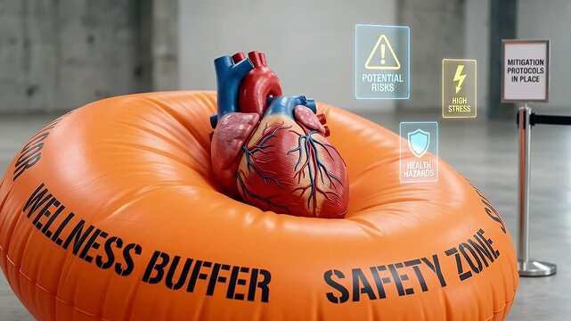 Artificial heart model inflatable wellness buffer safety zone with health hazard risk alerts symbolizing safety and stress mitigation in medical cardiovascular system anatomy care